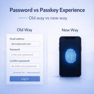 A picture showing an old cluttered password screen next to a passkeys screen
