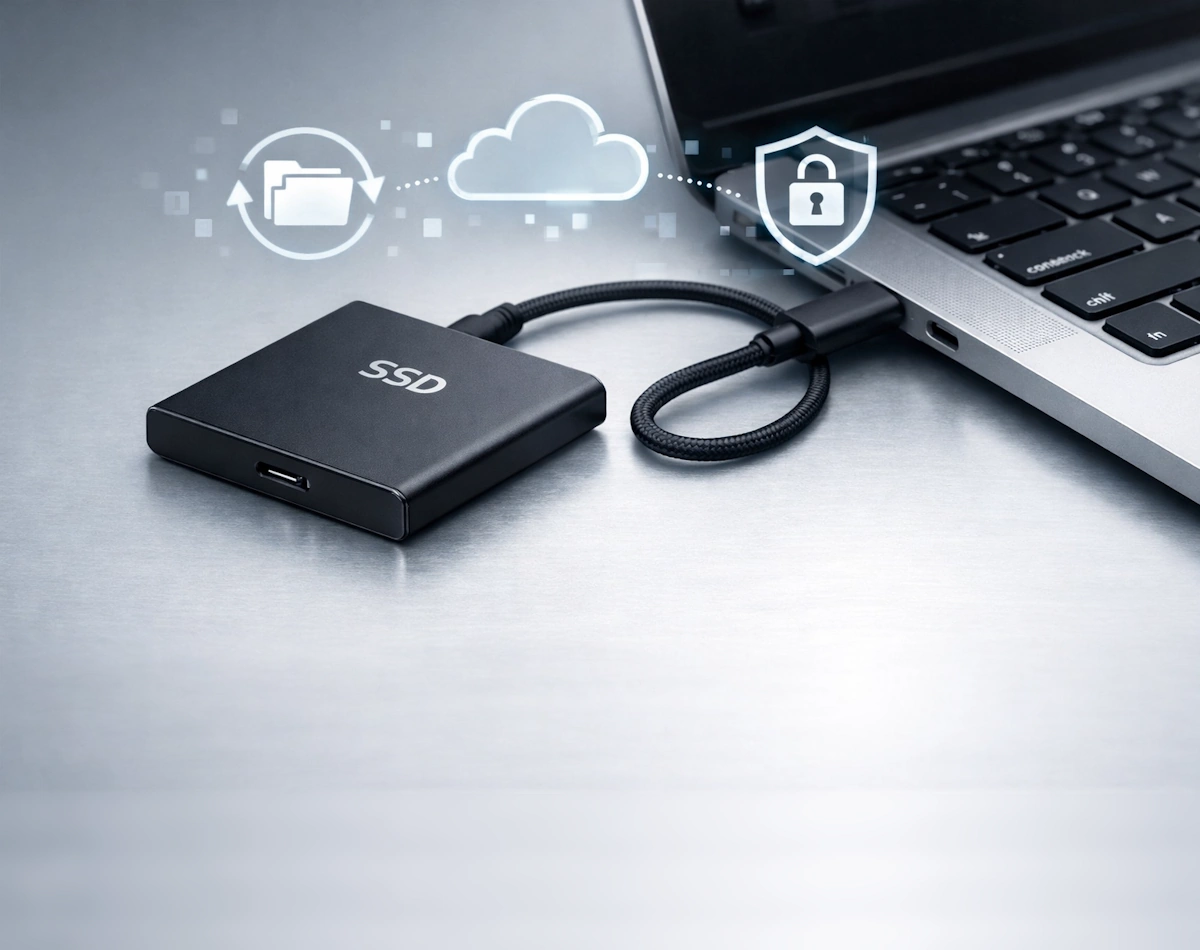 A picture of an external SSD connected to a laptop
