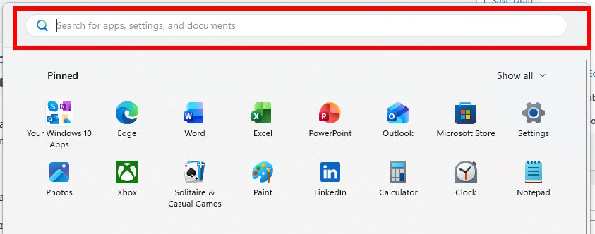 A Picture showing the Windows 11 Start Menu
