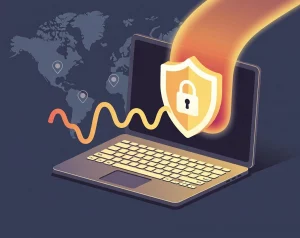 An image showing a laptop connected to the internet via a VPN