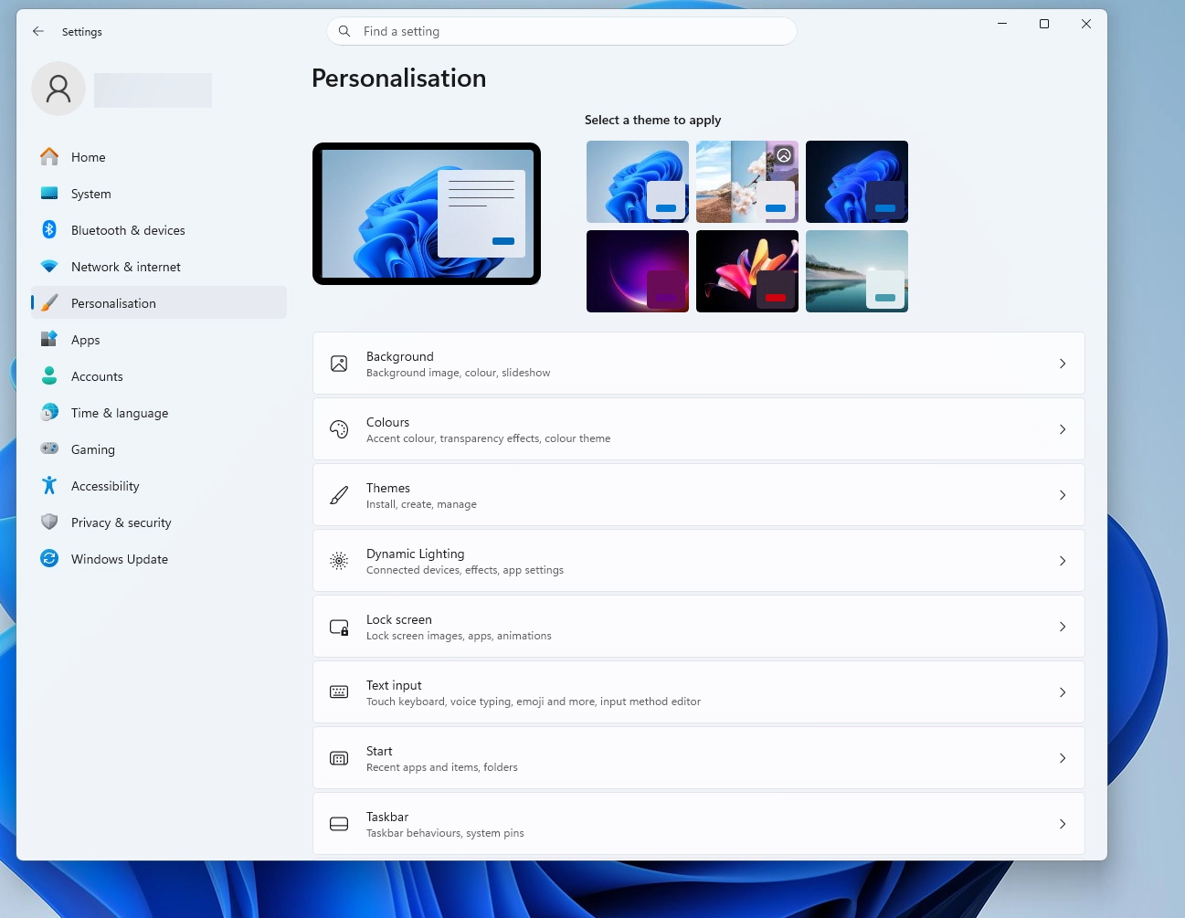 Windows 11 Personalisation Menu