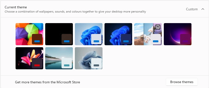 Windows 11 personalisation picture showing the theme selector