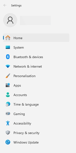 Windows 11 Settings App Menu