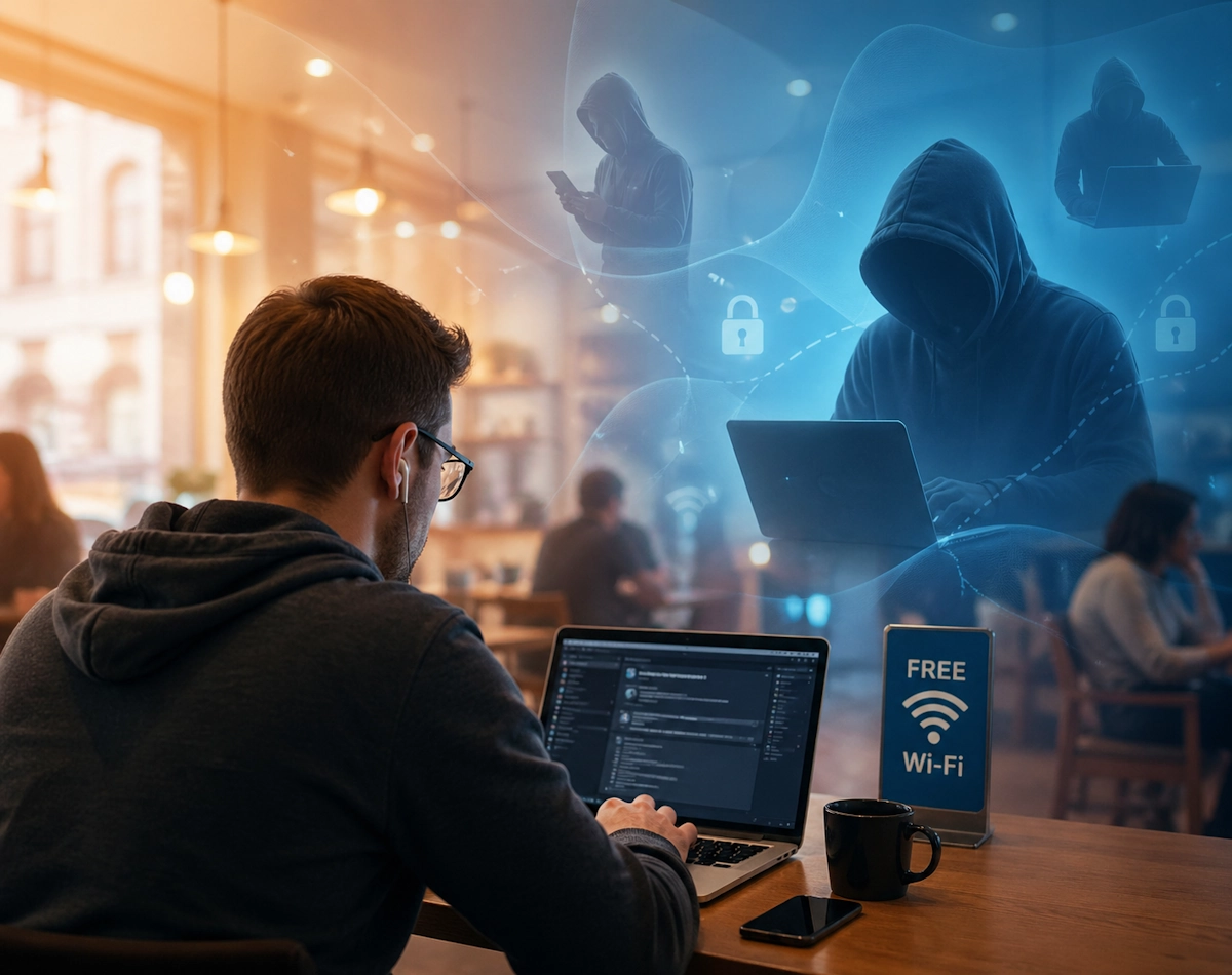 A picture of someone using a public wi-fi hotspot