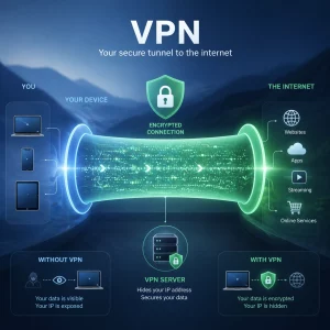 An image showing how to use a VPN to stay safe when using public wi-fi