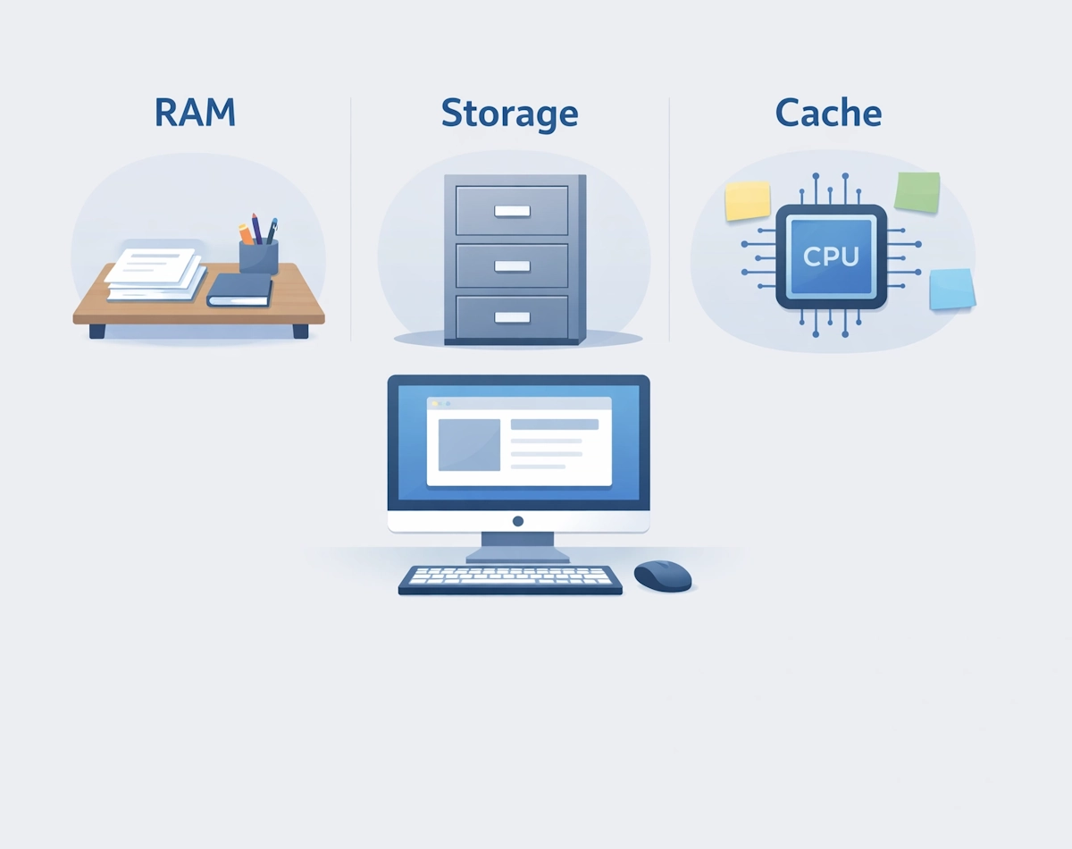 A Picture Showing a Computer with Iamges of RAM, Cache and Storage