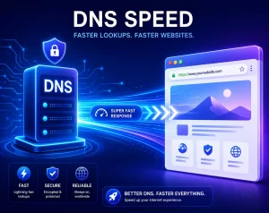 A modern illustration of a DNS server connected to a fast data pathway leading to a web browser, representing how changing DNS can speed up internet browsing.