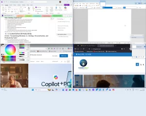 A picture of a Windows 11 desktop with a four grid Snap Layouts