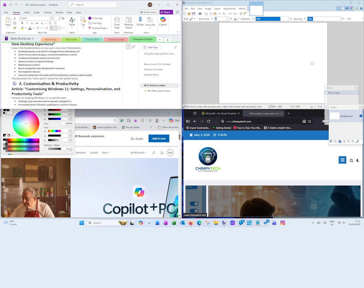 A picture of a Windows 11 desktop with a four grid Snap Layouts