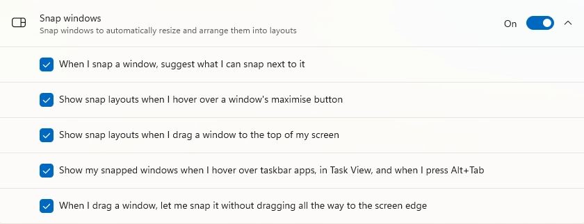 A picture showing the settings for the Windows 11 snap layouts feature.
